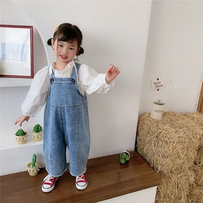 Korean style Spring Fall Kids Children Oversized Wide Leg Denim Overalls Baby Clothes Boys Girls Loose All-match Casual Pants