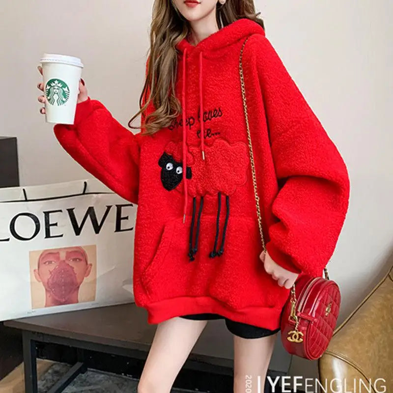 Winter Thick Lamb Wool Casual Women Hoodie Yellow Loose Lady Sweatshirt Embroidery Cartoon Cute Little Sheep Pullover Female