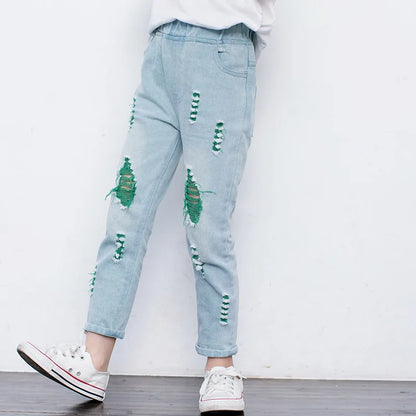 2024 New Fashion Multicolor Hole Little Girl Jeans Boy Spring and Summer Denim Casual Loose Cuffed Jeans Children Pants