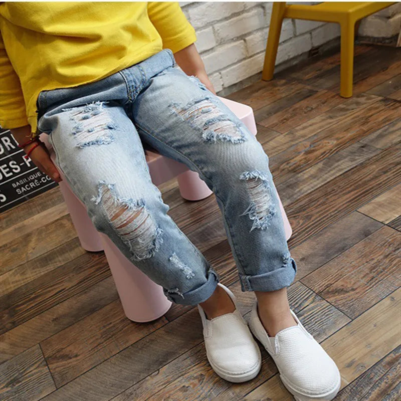 2024 New Fashion Multicolor Hole Little Girl Jeans Boy Spring and Summer Denim Casual Loose Cuffed Jeans Children Pants