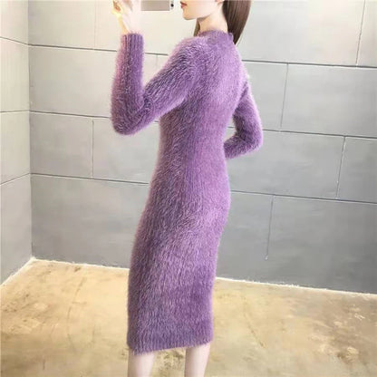 Women's Winter Clothing 2024 Imitation Mink Wool Thick Warm Turtleneck Sweater Dress Sheath Bodycon Dresses For Women Casual