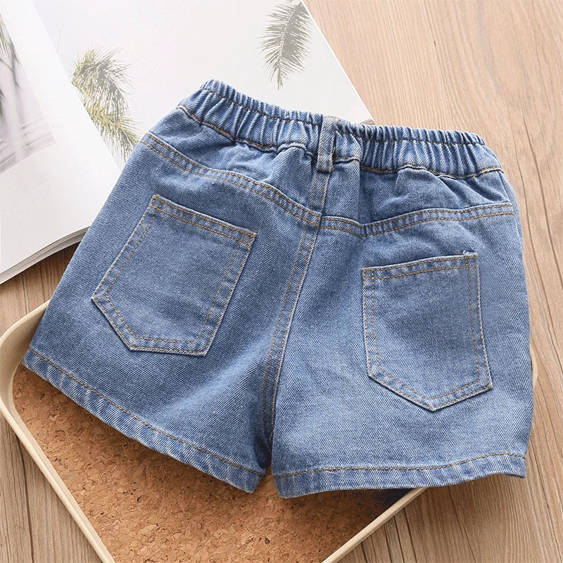 2024 Hot Summer Casual New 2 3 4 5 6 7 8 10 12 Years Child Baby Cotton Pocket Colorful Buttons Denim Blue Kids Girls Shorts