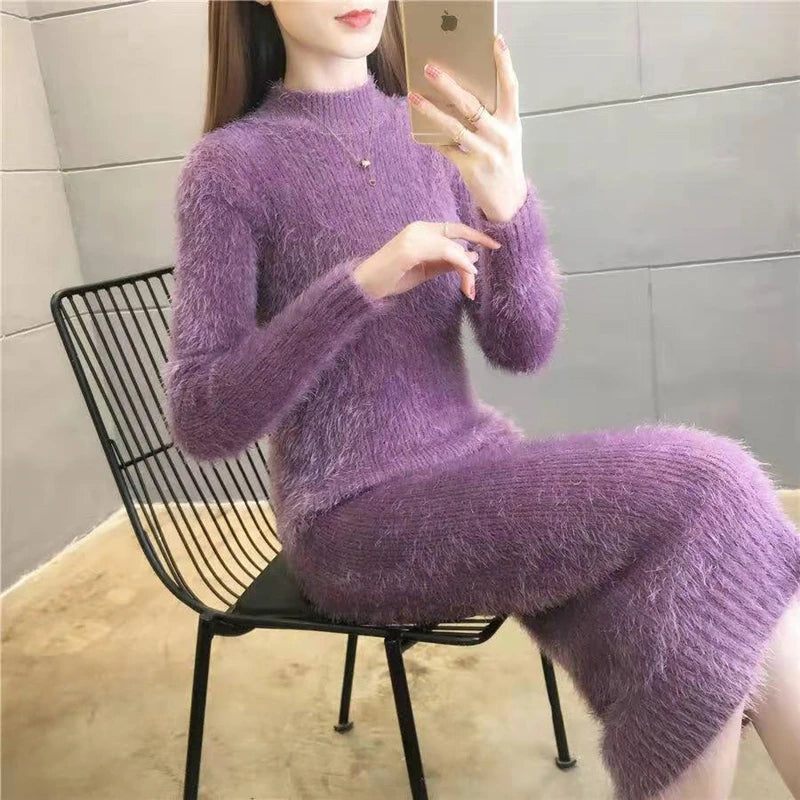 Women's Winter Clothing 2024 Imitation Mink Wool Thick Warm Turtleneck Sweater Dress Sheath Bodycon Dresses For Women Casual