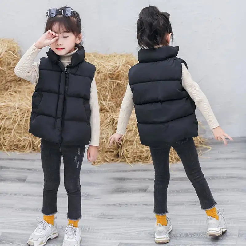 Solid Color Children Stand Collar Cotton Vests Boys Girls Autumn Winter Down Sleeveless Waistcoat Jacket Warm Outerwear 3-10Y