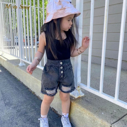 Fashion Baby Girl Casual Jean Shorts Ripped Holes Toddler Teen Child Cotton Scanties Trousers Button Summer Baby Clothes 1-14Y