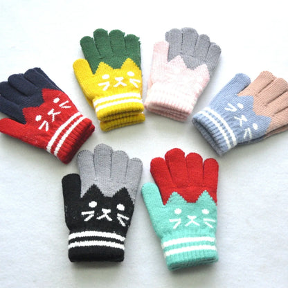 6-11years Kids Winter Warm Velvet Wool Gloves Cartoon Cat Baby Girls Baby Boys Gloves KF194