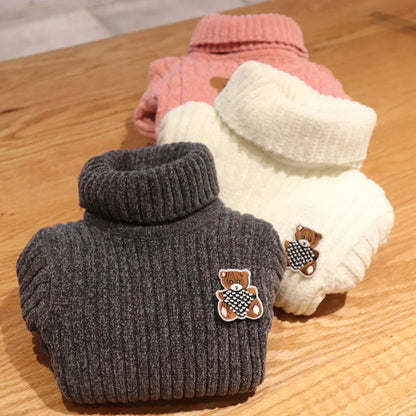 High Quality Sweater With Bear Pure Winter Boy Girl Kid Thick Knitted Turtleneck Shirts Solid High Collar Pullover Fluff Sweater