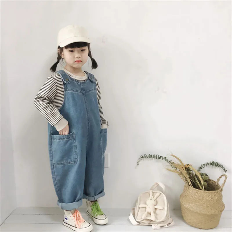 Korean Version Of The 2024 Spring And Autumn Models Boys And Girls Baby Casual Denim Overalls Jumpsuit Jeans