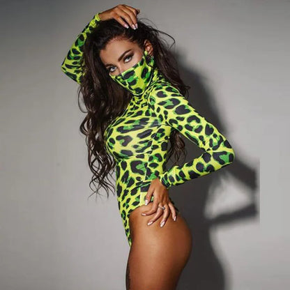 Ahagaga Leopard Bodysuit Women Long Sleeve Fashion Print Skinny Clubwear High Neck Streetwear Women Rompers Female Jumpsuit Tops