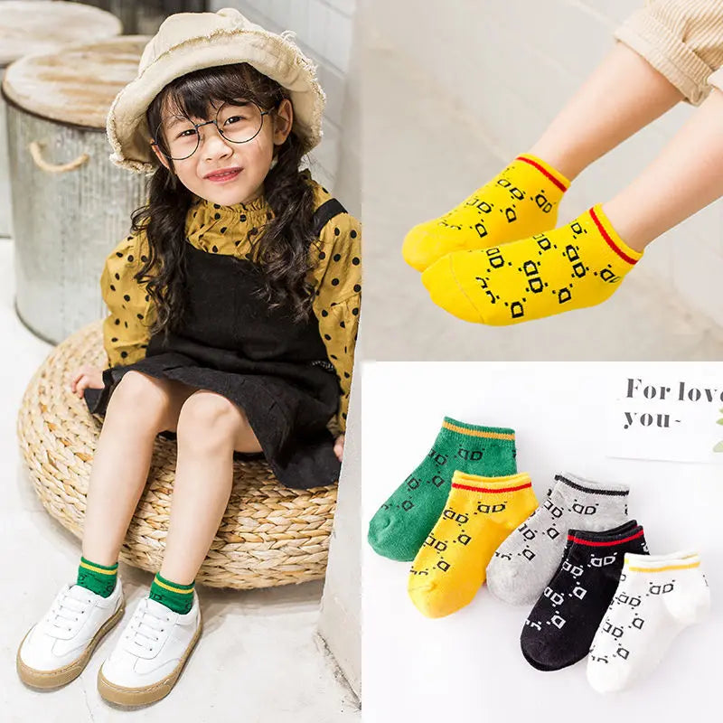 10 Pieces=5 Pairs Children  Soft Cotton Socks Spring&Autumn Girls Short Socks With Boys Socks 1-10 Year School Sports Kids Socks