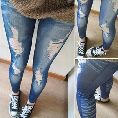 New Black/Blue Leggings Women Fashions Destroyed Leggings Jeans Look Jeggings Stretch Skinny Laddy Jeans