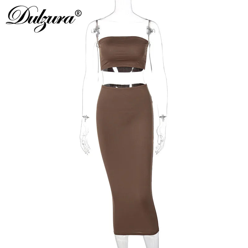 Dulzura Solid Women 2 Piece Set Tube Crop Top Midi Skirt Bodycon Sexy Streetwear Party Club Elegant Matching Co Ords 2021 Summer