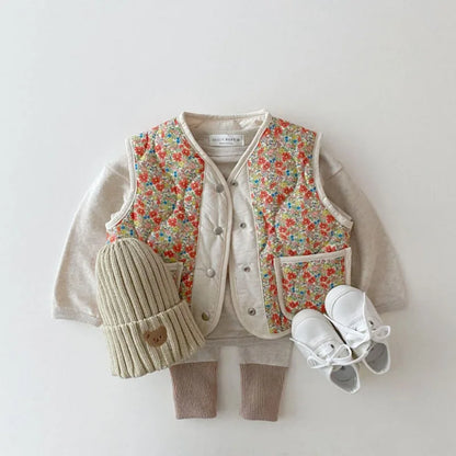 2025 Autumn New Baby Floral Sleeveless Coat Cotton Kids Warm Vest For Girls Clothes Fashion Baby Boy Double Sided Windproof Vest