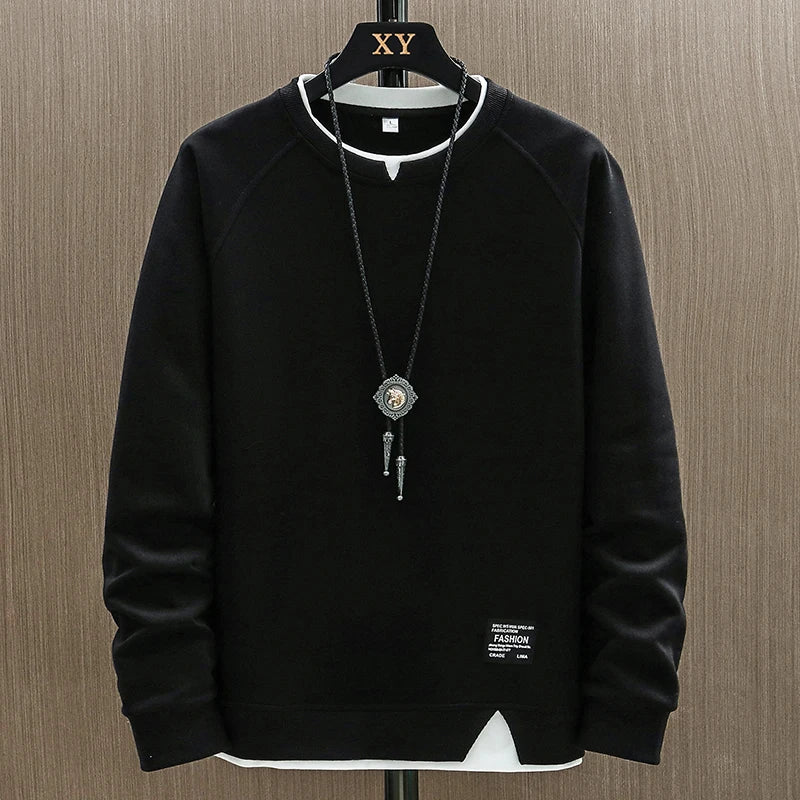 2024 New Mens Casual Sweatshirts Harajuku Solid Color Fashion Fake Two Pieces O-Neck Sweatshirt Hoodies Hip Hop Male Streetwear