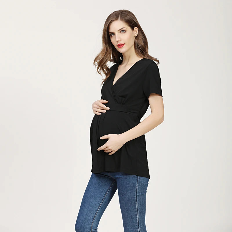 Fashion Summer Pregnant T-shirt Short Sleeve Maternity Tops Women Big Size Shirt Solid Color Clothes S To XXXL