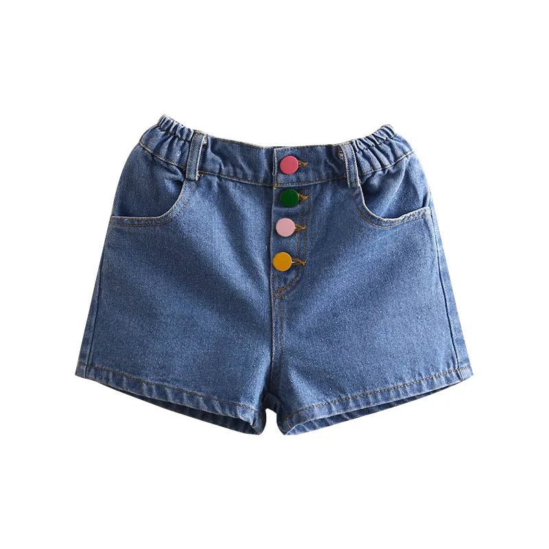 2024 Hot Summer Casual New 2 3 4 5 6 7 8 10 12 Years Child Baby Cotton Pocket Colorful Buttons Denim Blue Kids Girls Shorts