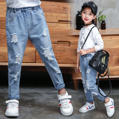 Spring Autumn Teenager Ripped Denim Pants Children Trousers Fashion Kids Hole Pants Casual Boy Girls Jeans 3-12 Year Kid Clothes