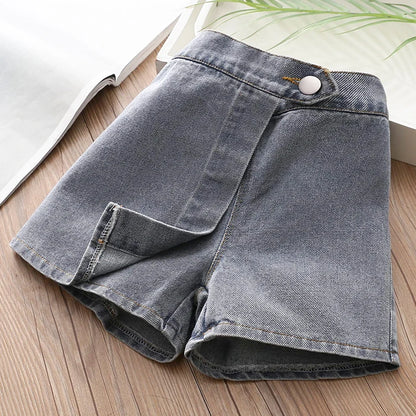 Hot Denim Shorts For Kids Baby Girls 2024 Hot Summer Casual New Design 2 3 4 5 6 Years Cotton Button Gray Short Culottes