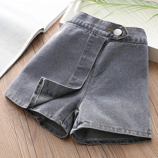 Hot Denim Shorts For Kids Baby Girls 2024 Hot Summer Casual New Design 2 3 4 5 6 Years Cotton Button Gray Short Culottes