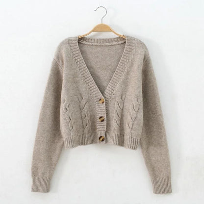 Autumn Winter New 2024 V Neck Short Cardigan Female Twist Sweater Coat Fall Single Breasted High Waist Women Knitted Jacket Tops