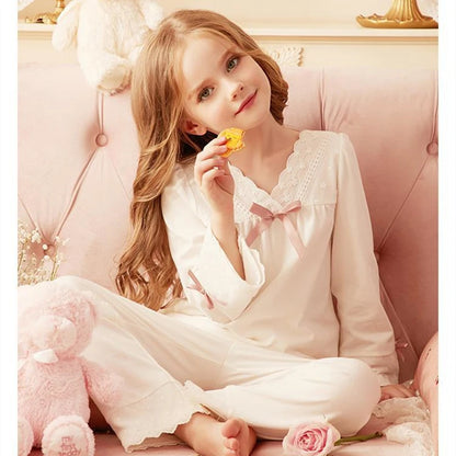 Girls' Pajamas Cotton Princess Style Suit Spring Autumn Long-Sleeved T-Shirt Trousers Cute Baby Home Service Clothes Tops+Pants