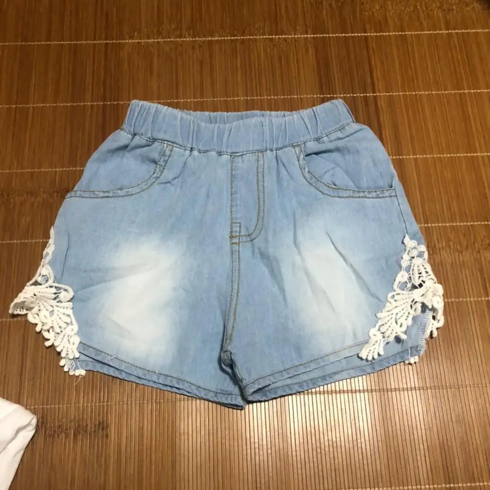 2024 Hot Summer Fashion 2 3 4 6 8 10 12 Years Children Cotton Baby Lace Edges Patchwork Jeans Kids Girls Denim Blue Shorts