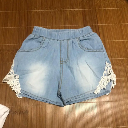 2024 Hot Summer Fashion 2 3 4 6 8 10 12 Years Children Cotton Baby Lace Edges Patchwork Jeans Kids Girls Denim Blue Shorts