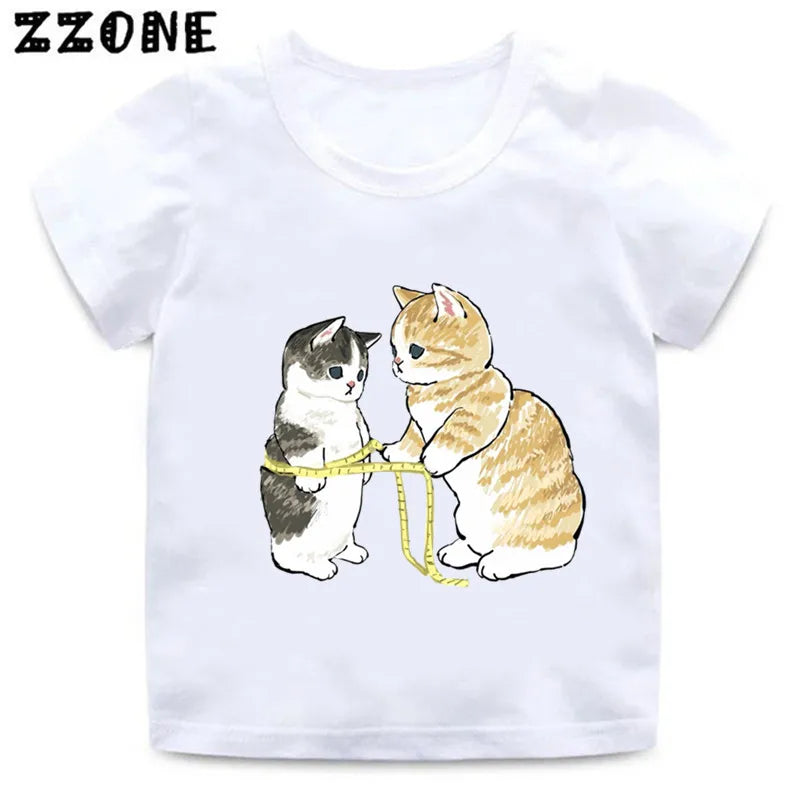 Cute Cat Drawing Print Kids Cartoon Funny T-Shirts Harajuku Casual Kawaii Baby Boys Summer T shirt Children Tops Girls Clothes