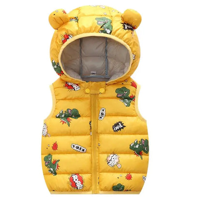 2023 Autumn Winter Baby Vest Hooded Cartoon Dinosaur Toddler Boy Girl Waistcost Kid Sleeveless Jacket Children Vest 0-5Y