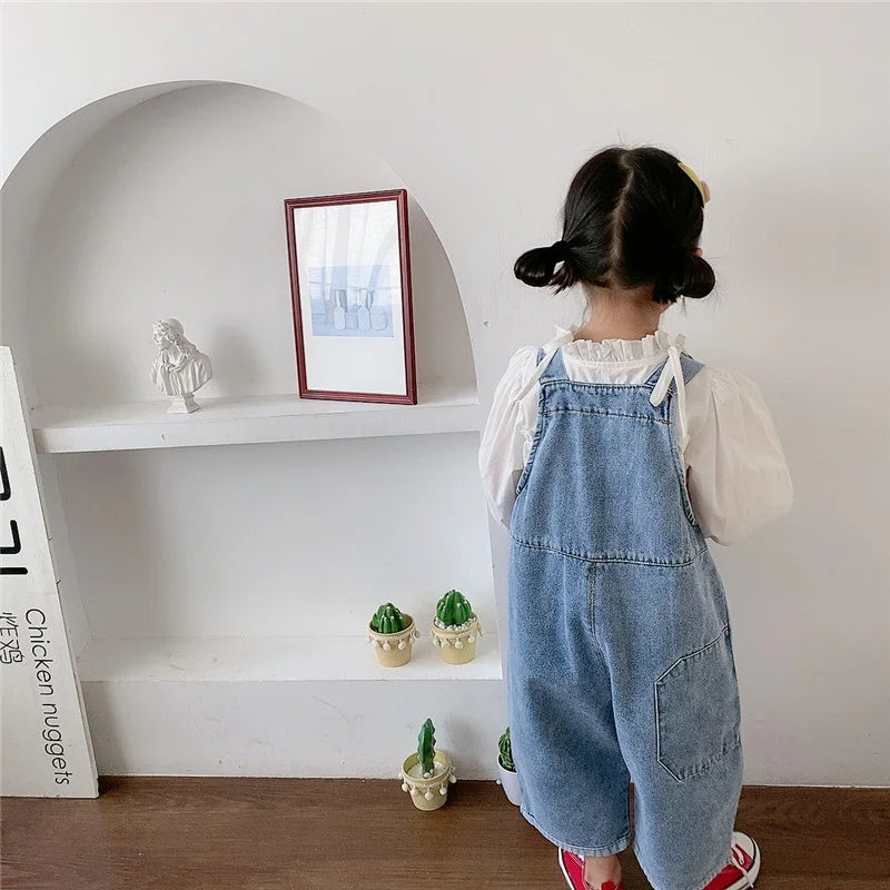 Korean style Spring Fall Kids Children Oversized Wide Leg Denim Overalls Baby Clothes Boys Girls Loose All-match Casual Pants