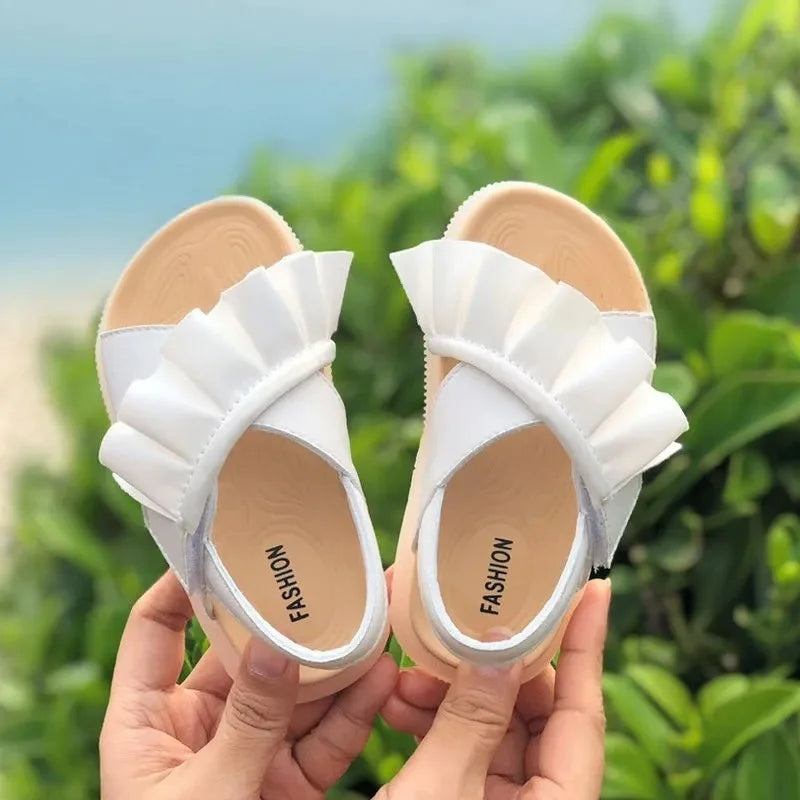 Summer Little Girls White Black Ruffles Sandals Kids Non-slip Korean Toddler Baby Princess Dress Shoes Shoe 1 2 3 4 6 Years Old