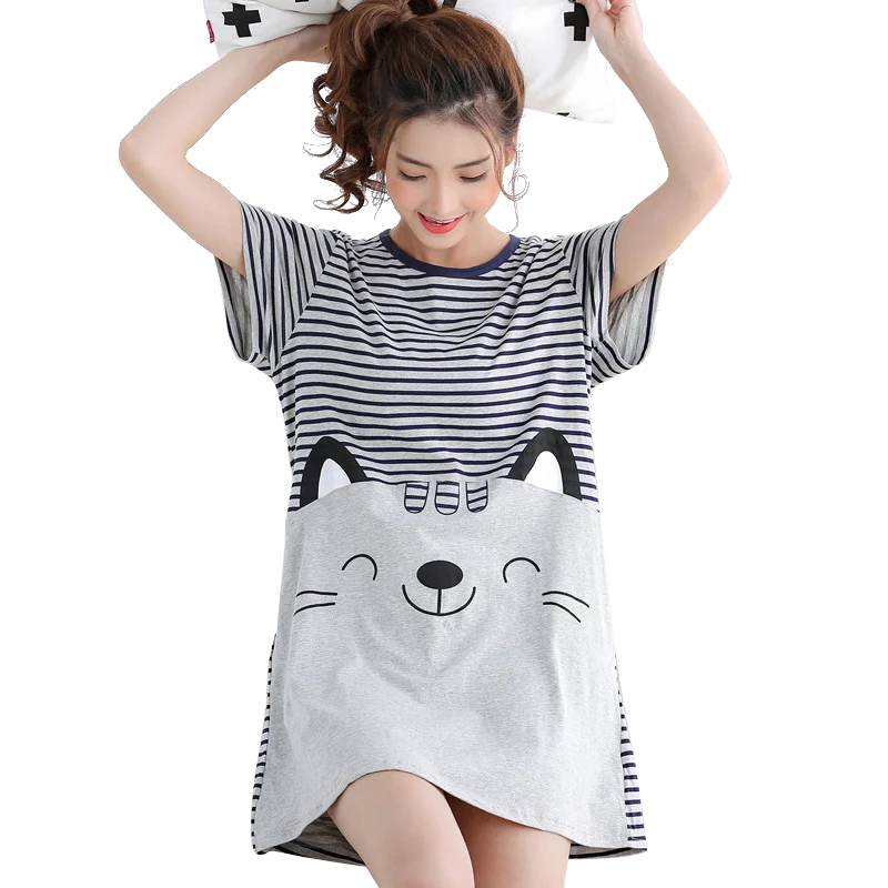 Summer Knitted Cotton Women Nightgown Short Sleeve Cartoon Sweet Soft Female Nightdress Loose M-5XL Girls Nightwear