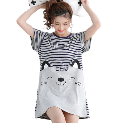 Summer Knitted Cotton Women Nightgown Short Sleeve Cartoon Sweet Soft Female Nightdress Loose M-5XL Girls Nightwear