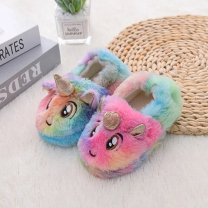 Winter Unicorn Slippers Kids Toddler Girl Flip Flop Baby Boys Fur Slides Cotton Indoor Shoes Warm Fluffy House Children Slipper