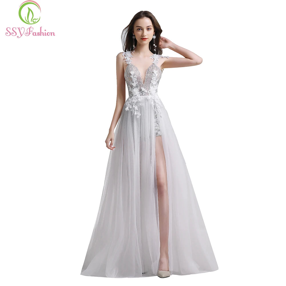 SSYFashion New White Lace Evening Dress Sexy Deep V-neck Backless Lllusion Appliques Long Formal Prom Gown Vestido De Noiva