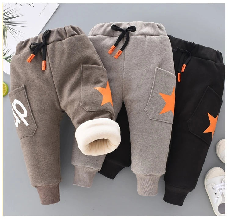 Autumn Winter Boys Fleece Sports Pant 0-6Y Child Straight Thick Warm 3 Layer Quilted Trousers Kid Elastic Waist Jogger Sweatpant