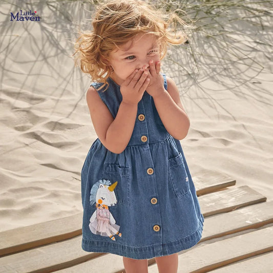 Little maven 2024 Baby Girls Lovely Unicorn Dress Pretty Children Wear Casual Clothes New Fashion Vestidos for Kids 2-7 year