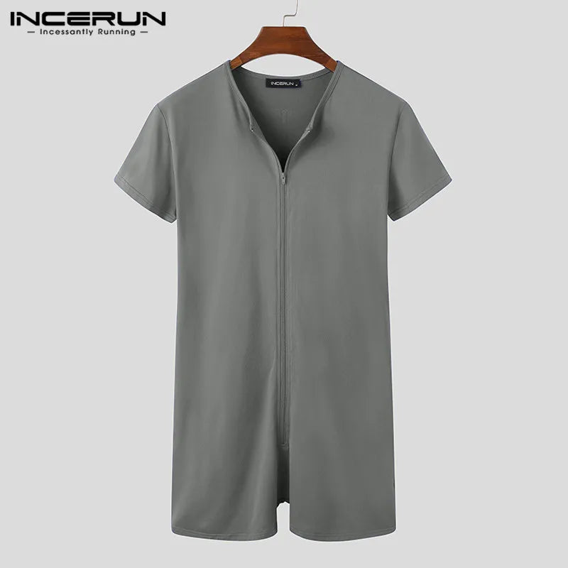 Men Pajamas Rompers Solid V Neck Zipper Fitness Short Sleeve Cozy Homewear Playsuits Leisure Men Jumpsuit Sleepwear INCERUN 7