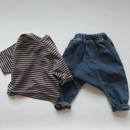 Korean Style Baby Boys Girls Cowboy Pants Kids Casual Elastic Waist Pant Children's Clothing Autumn Baby Boys Girls Jeans