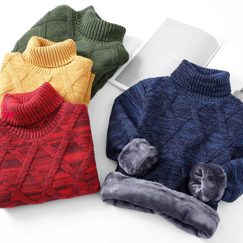 2023 Winter New Boys Sweater Turtleneck Sweater Plus Velvet Thickening Children Autumn Fashion Sweaters Kids Top Boys Clothing