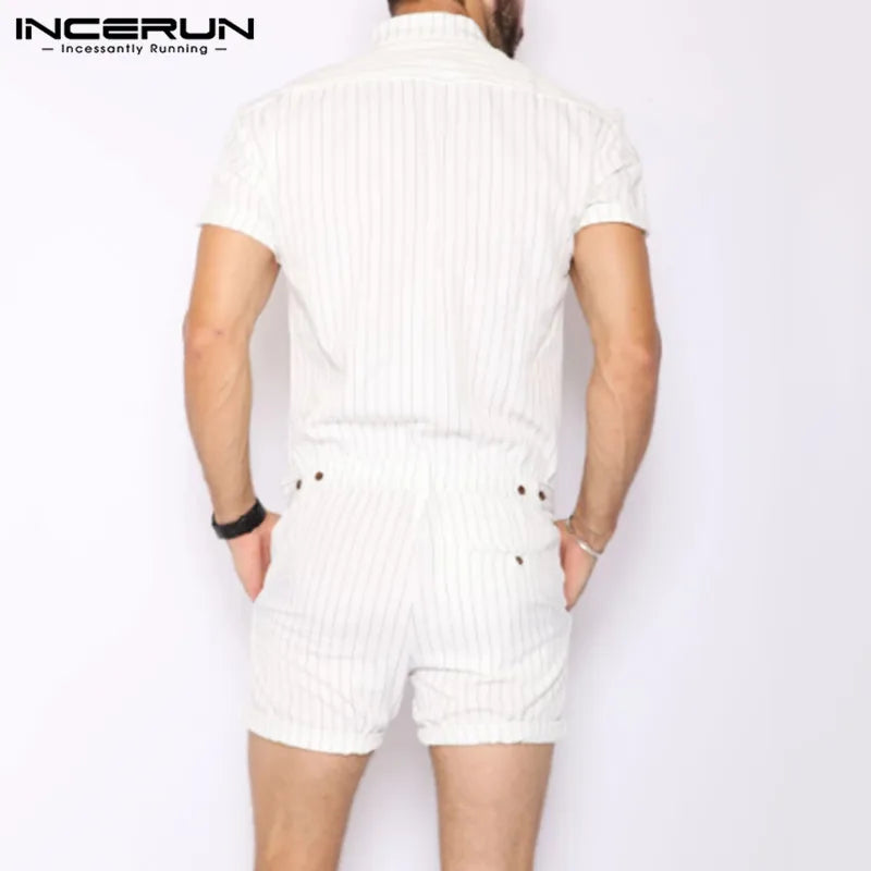 INCERUN Striped Men Rompers Breathable Stand Collar Short Sleeve Joggers Playsuits Streetwear Fashion Men Jumpsuits Shorts S-5XL