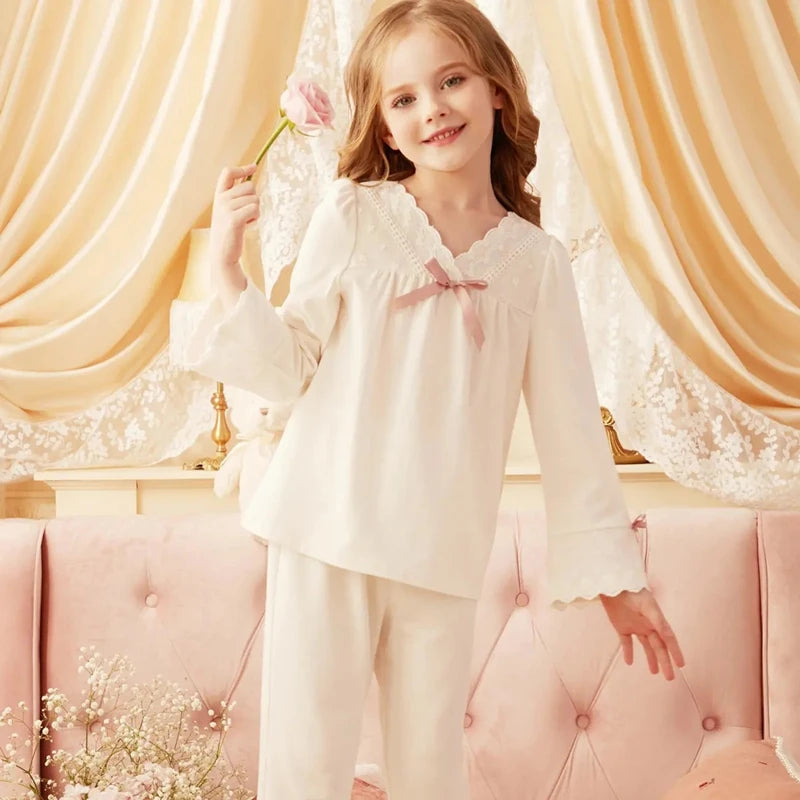 Girls' Pajamas Cotton Princess Style Suit Spring Autumn Long-Sleeved T-Shirt Trousers Cute Baby Home Service Clothes Tops+Pants