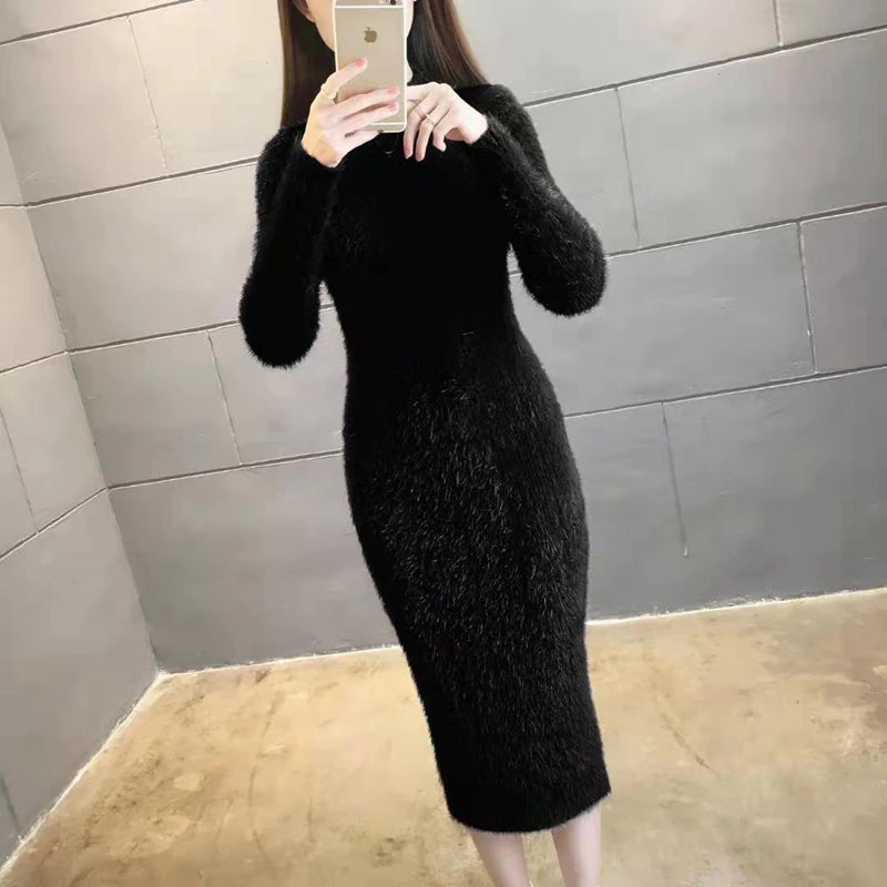 Women's Winter Clothing 2024 Imitation Mink Wool Thick Warm Turtleneck Sweater Dress Sheath Bodycon Dresses For Women Casual