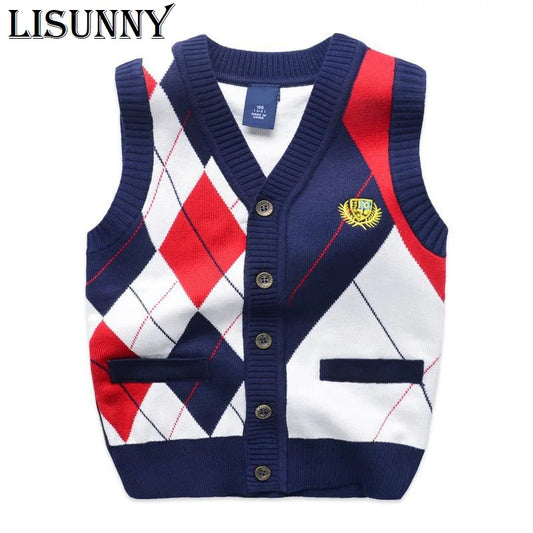 2024 Autumn Spring Kids Boy Sweater Vest Girl Children Clothing Plaid Stitching Coat Baby Cotton thick top Boys Cardigan Vest