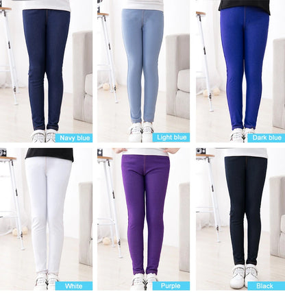 Spring Summer Girls Elastic Skinny Pants Solid Color Kids Stretch Trousers 3-12Yrs Children Lmitation Denim Fabric Jeans Pants