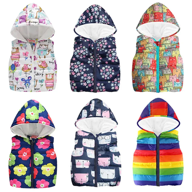 Autumn Winter Girls Vests Children's Cotton Warm Coat Baby Boy Dinosaur Hooded Waistcoat Kids Cartoon Cute Outerwear Clothing