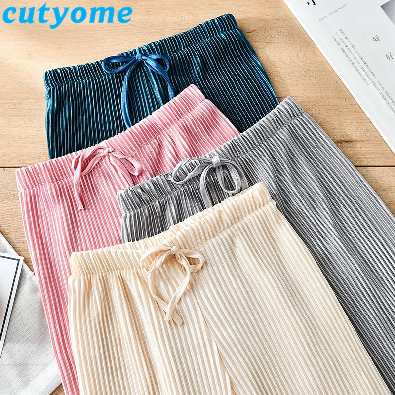 Summer Girl Wide Leg Pant Toddler Kids Casual Loose Trouser Child Pleated Chiffon Pants Teenage Girls Clothing Leggings 12 13 14