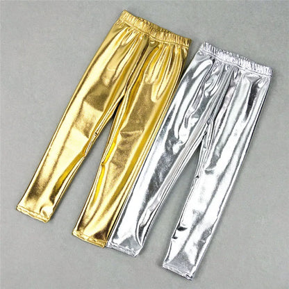 Children Girls Leggings Shiny Gold Silver Long Boys Punk Pants Autumn Spring Kids Pants Leggins