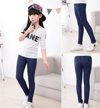 Spring Summer Girls Elastic Skinny Pants Solid Color Kids Stretch Trousers 3-12Yrs Children Lmitation Denim Fabric Jeans Pants