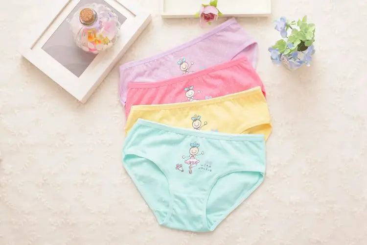 4 Pcs/Lot Kids Cotton Briefs Girls Panties Cartoon Pattern Underpants Candy Colors Triangle Girls Underwear  2-10 Years